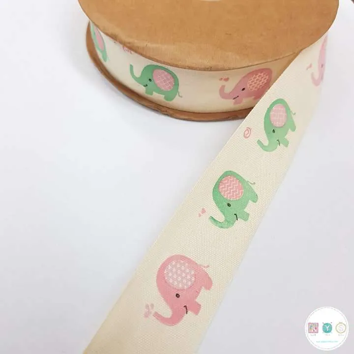 25mm Cotton Tape with Baby Elephants 