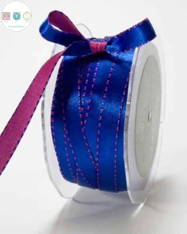 10mm Reversible Satin Ribbon in Blue and Fuchsia