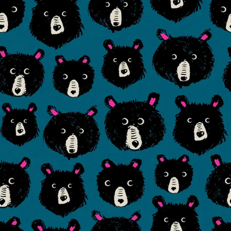 Cotton Canvas - Black Bear Faces on Teal Blue from Teddy and The Bears by Sarah Watts for Ruby Star Society 2110-17L