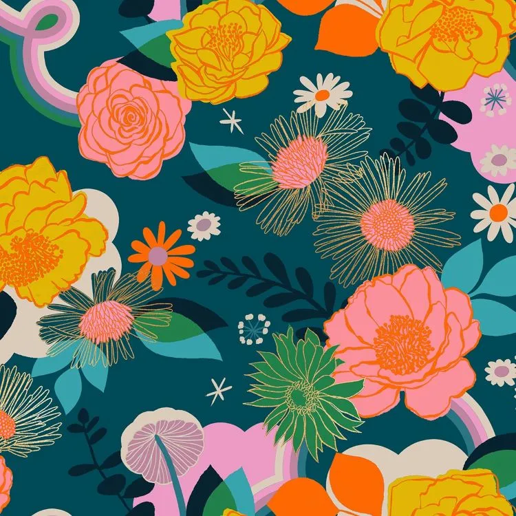 Quilting Fabric - Colourful Floral on Blue with Metallic Accents from Reverie by Melody Miller for Ruby Star Society RS0047 16M