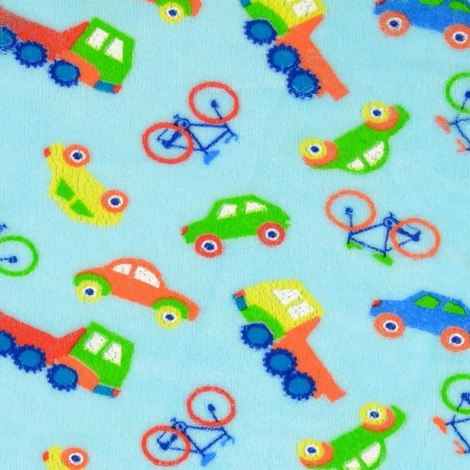 REMNANT - 1.10m - Dressmaking Fabric - Blue Nicki Velour with Cars and Trucks