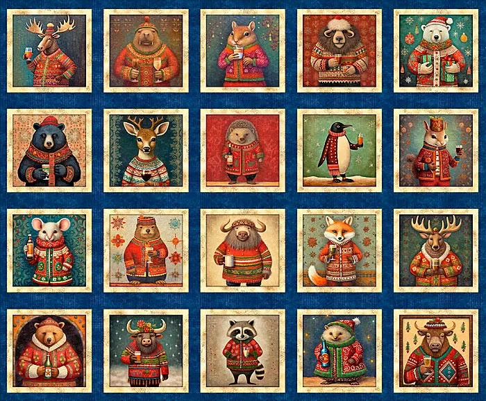 Quilting Fabric Panel - Animals in Sweaters from Party Animals by Quilting Treasures 30401-N